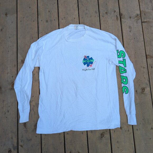 Vintage STARS Flight For Life Long Sleeve Tee - White Graphic Shirt L/G - Picture 1 of 8